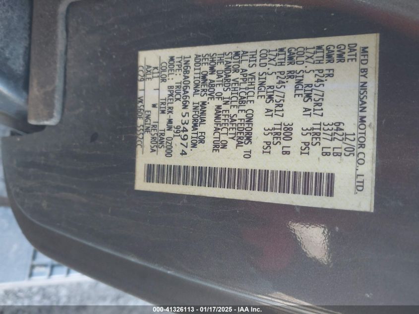 2006 Nissan Titan Xe VIN: 1N6BA06A66N534974 Lot: 41326113