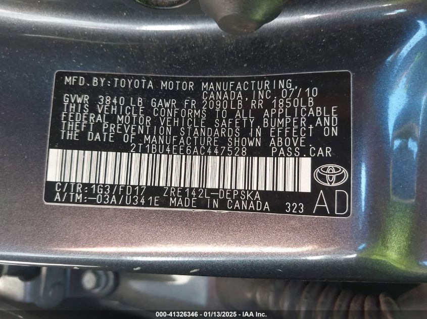 2010 Toyota Corolla S VIN: 2T1BU4EE6AC447528 Lot: 41326346