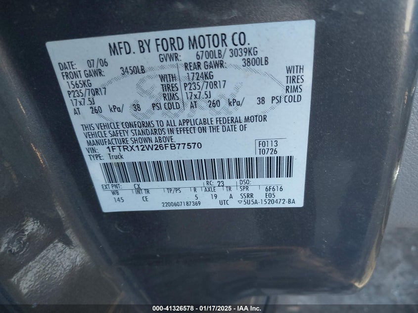 2006 FORD F-150 VIN: 1FTRX12W26FB77570