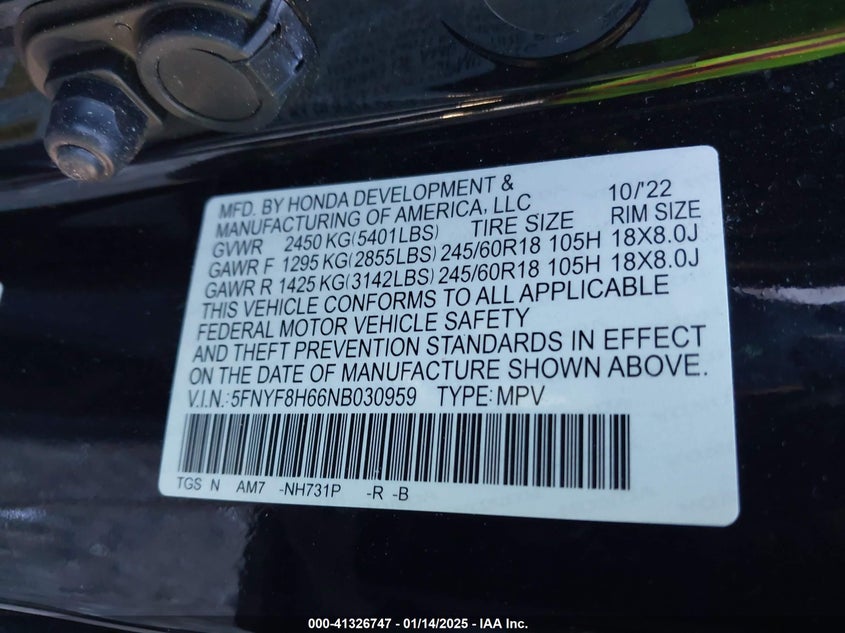 2022 Honda Passport Awd Trailsport VIN: 5FNYF8H66NB030959 Lot: 41326747