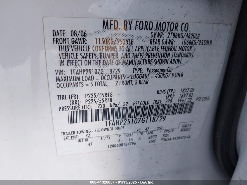 2007 FORD FIVE HUNDRED VIN: 1FAHP25107G118729