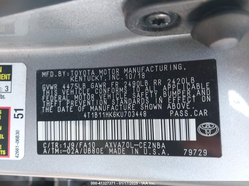 2019 TOYOTA CAMRY VIN: 4T1B11HK6KU703448