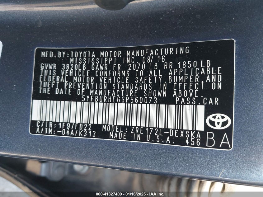 2016 TOYOTA COROLLA VIN: 5YFBURHE6GP560073