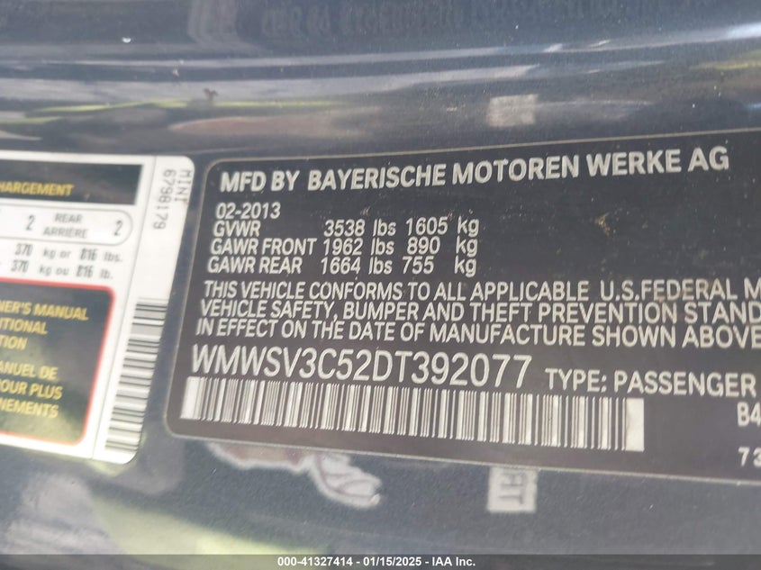 2013 MINI HARDTOP VIN: WMWSV3C52DT392077