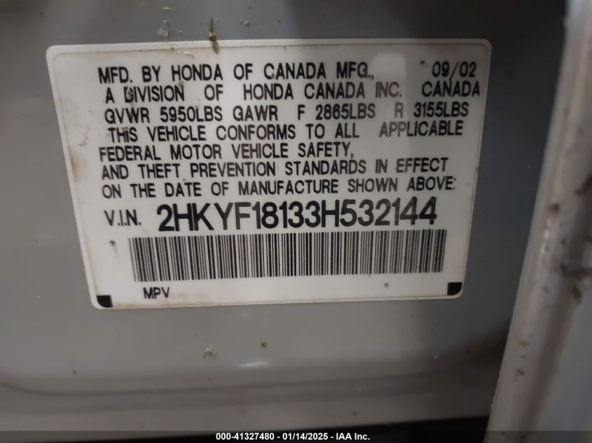 2003 Honda Pilot Ex-L VIN: 2HKYF18543H511953 Lot: 41327480