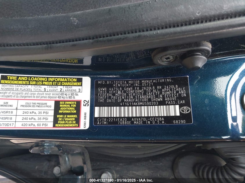 2021 TOYOTA CAMRY VIN: 4T1G11AK8MU590203