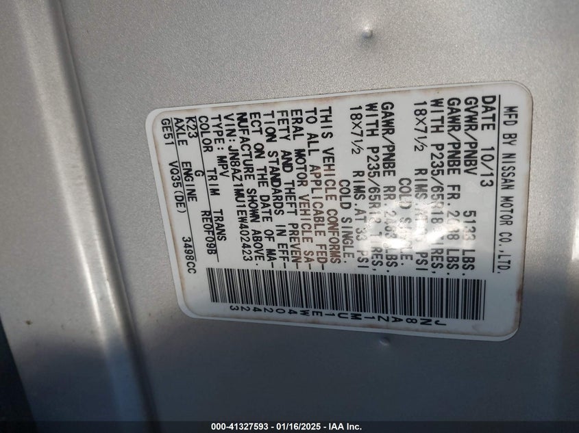 2014 NISSAN MURANO S/SL/SV/LE - JN8AZ1MU1EW402423