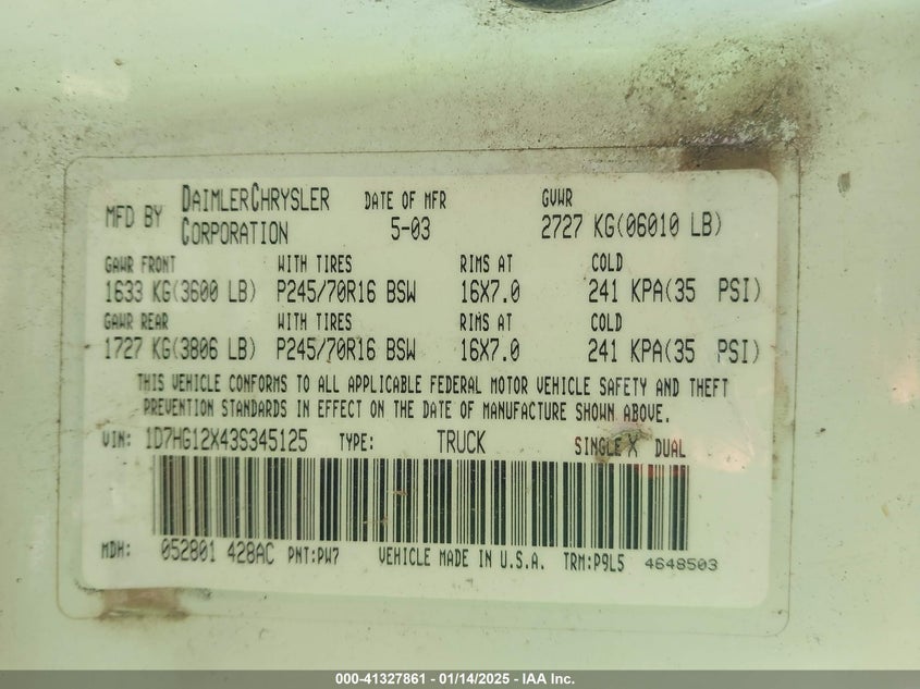 2003 Dodge Dakota VIN: 1D7HG12X43S345125 Lot: 41327861