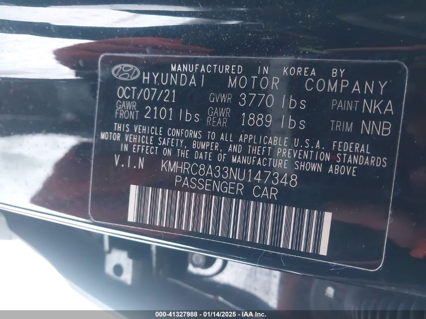 2022 Hyundai Venue Sel VIN: KMHRC8A33NU147348 Lot: 41327988