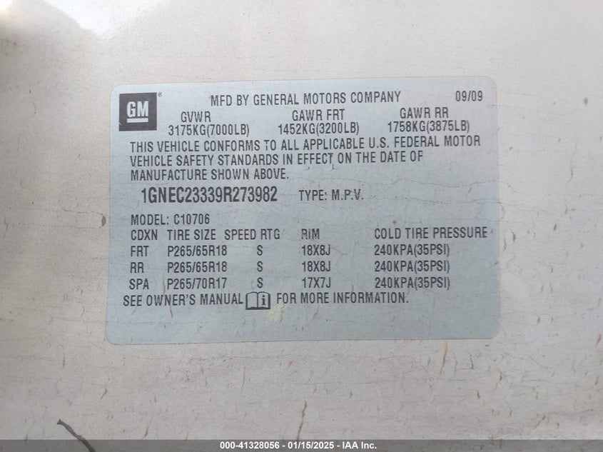 2009 CHEVROLET TAHOE VIN: 1GNEC23339R273982