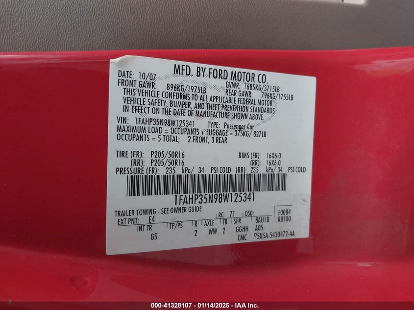 2008 FORD FOCUS VIN: 1FAHP35N98W125341