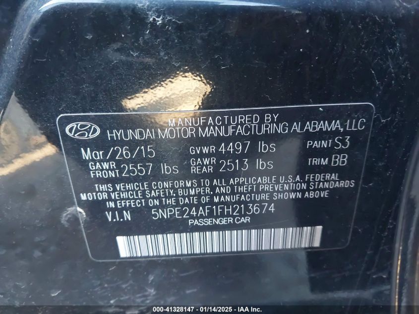 VIN 5NPE24AF1FH213674 2015 HYUNDAI SONATA no.9