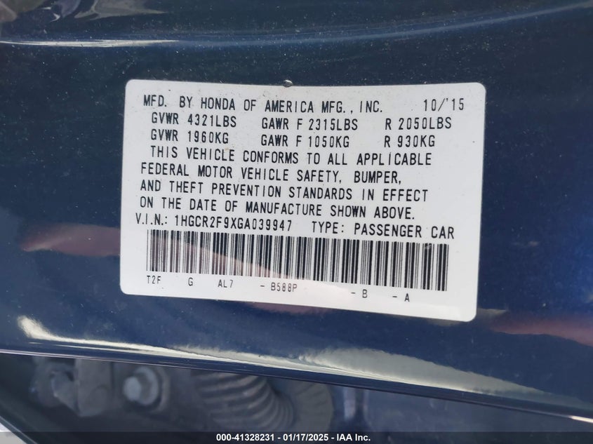 2016 HONDA ACCORD VIN: 1HGCR2F9XGA039947