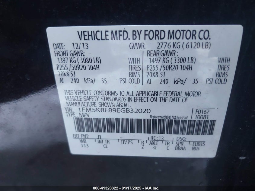 2014 FORD EXPLORER VIN: 1FM5K8F89EGB32020