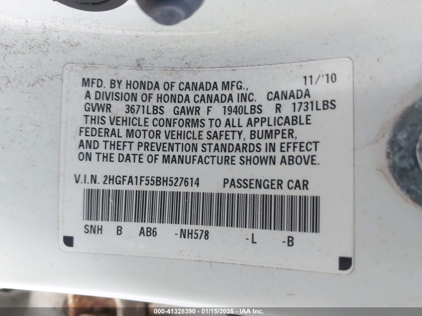 2011 HONDA CIVIC VIN: 2HGFA1F55BH527614