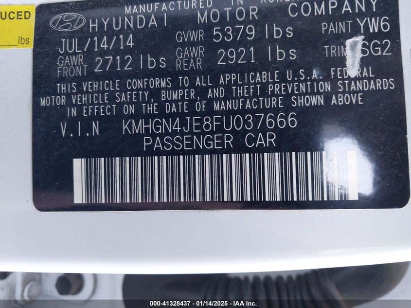 2015 HYUNDAI GENESIS VIN: KMHGN4JE8FU037666