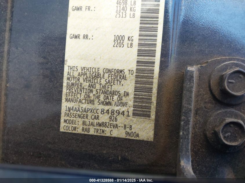 2012 Nissan Maxima 3.5 S/3.5 Sv VIN: 1N4AA5APXCT848941 Lot: 41328588