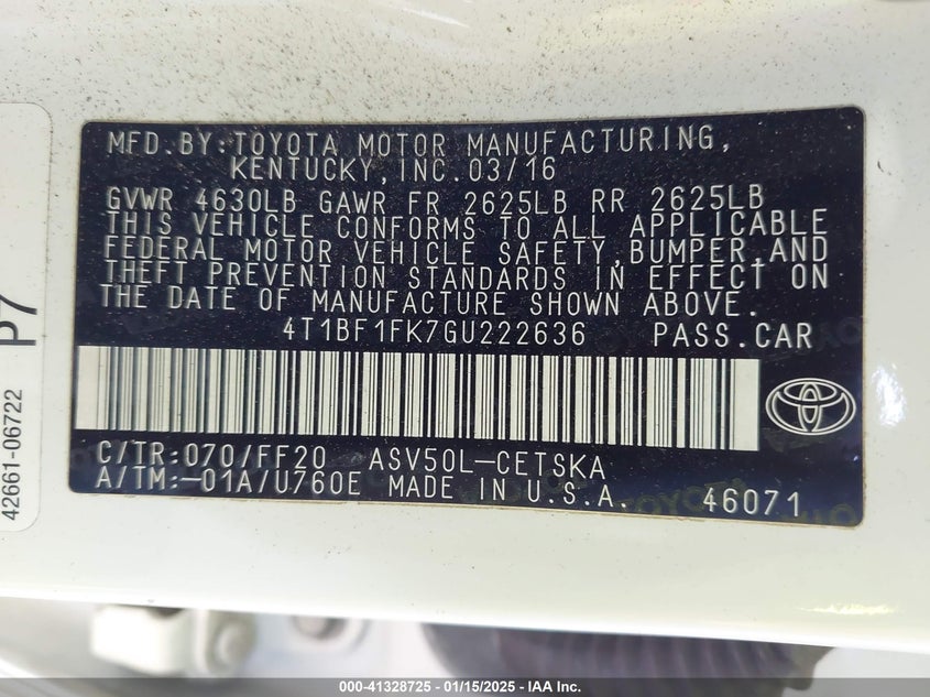 2016 TOYOTA CAMRY VIN: 4T1BF1FK7GU222636