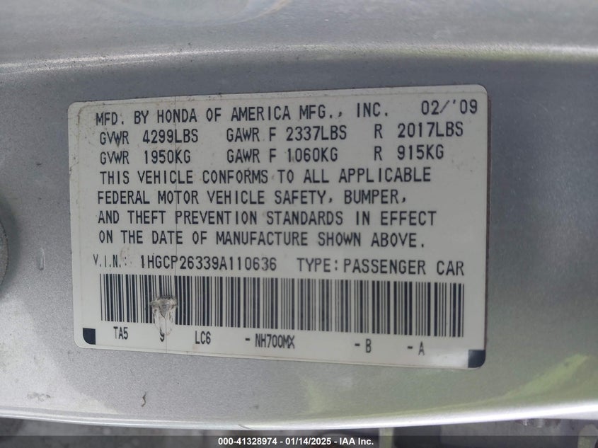2009 HONDA ACCORD VIN: 1HGCP26339A110636