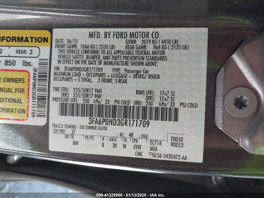 VIN 3FA6P0HD3GR171709 2016 FORD FUSION no.9