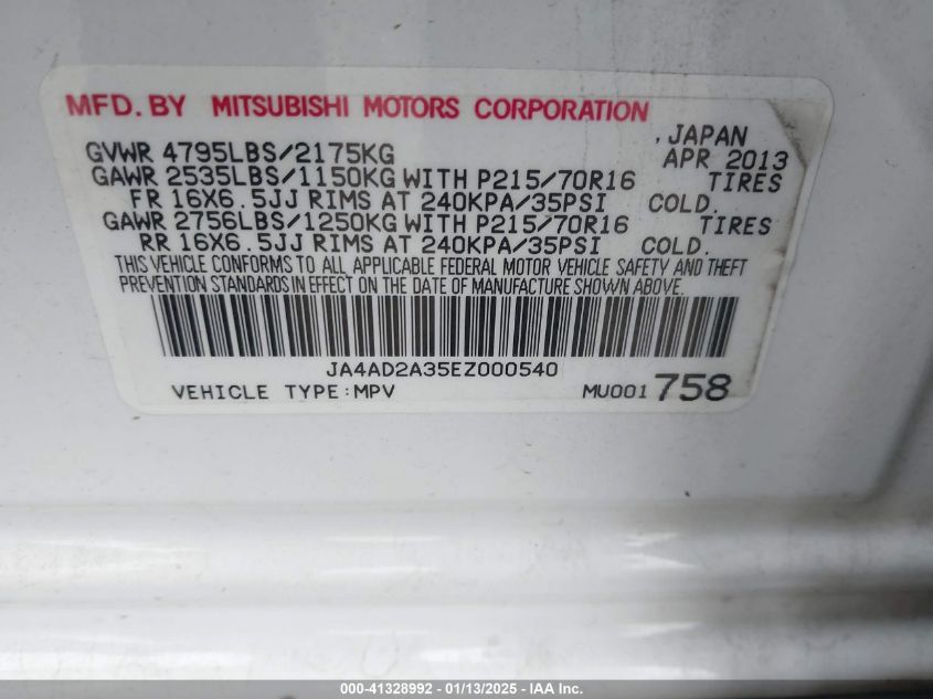 VIN JA4AD2A35EZ000540 2014 Mitsubishi Outlander, ES no.9