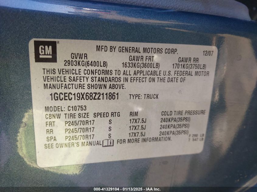 2008 Chevrolet Silverado 1500 Work Truck VIN: 1GCEC19X68Z211861 Lot: 41329104