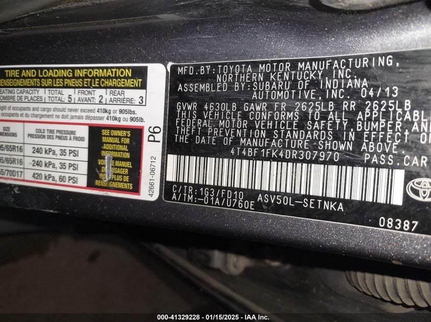 2013 TOYOTA CAMRY VIN: 4T4BF1FK4DR307970