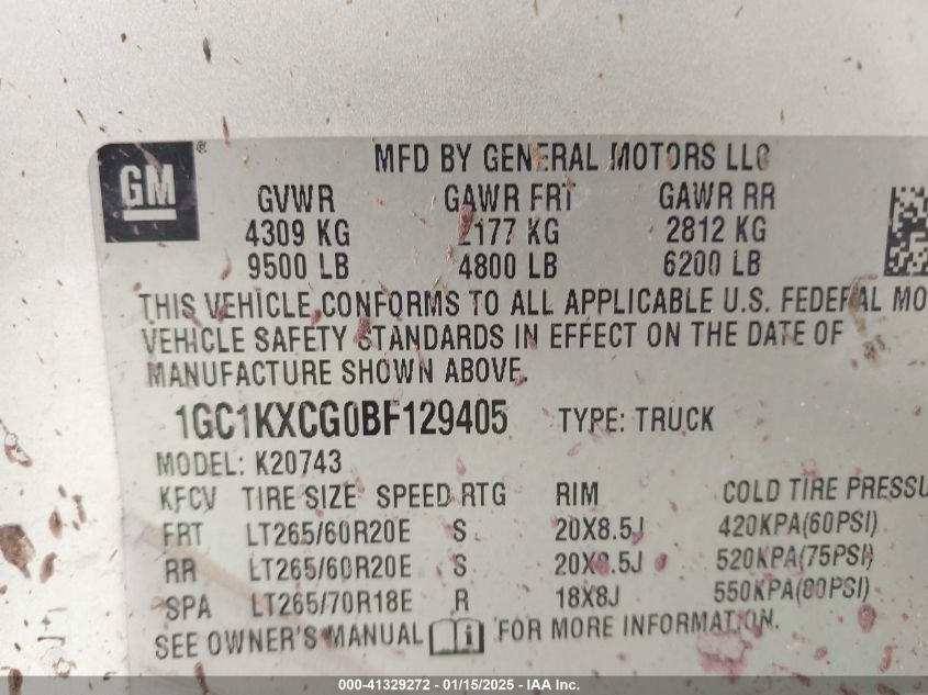 2011 Chevrolet Silverado 2500Hd Lt VIN: 1GC1KXCG0BF129405 Lot: 41329272