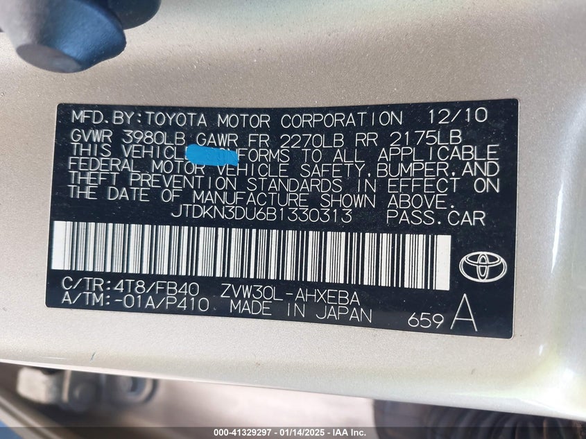 2011 TOYOTA PRIUS VIN: JTDKN3DU6B1330313