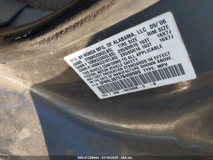 2007 Honda Odyssey Ex-L VIN: 5FNRL38757B408989 Lot: 41329444