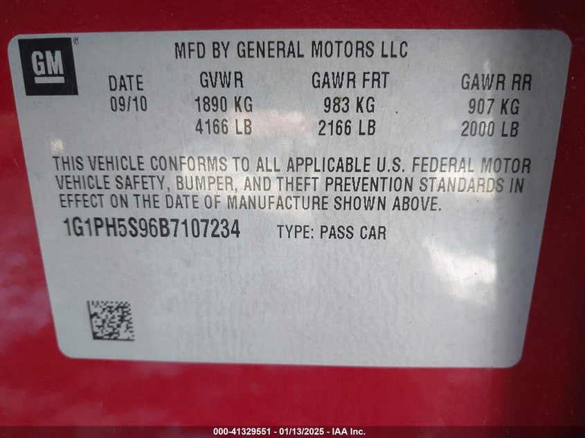 2011 CHEVROLET CRUZE VIN: 1G1PH5S96B7107234