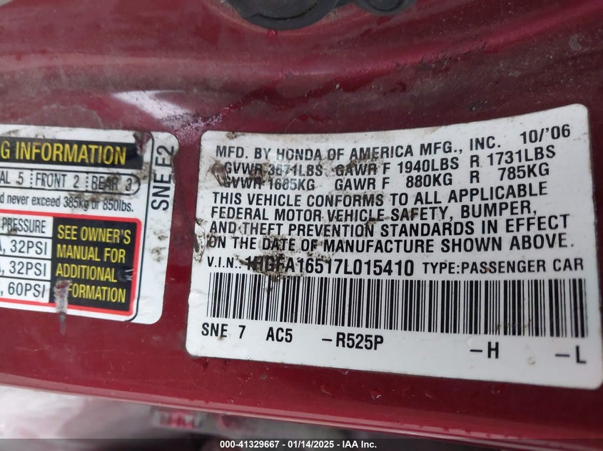 2007 HONDA CIVIC VIN: 1HGFA16517L015410