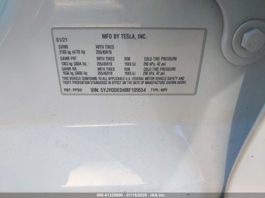 VIN 5YJYGDED4MF109554 2021 TESLA MODEL Y no.9