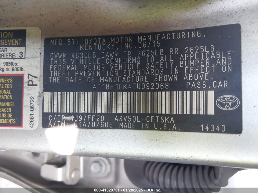2015 TOYOTA CAMRY VIN: 4T1BF1FK4FU092068