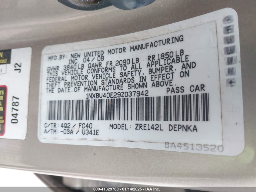 2009 TOYOTA COROLLA VIN: 1NXBU40E29Z037942