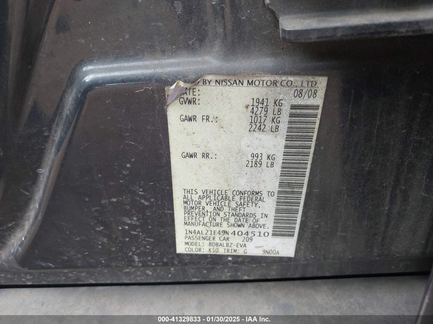 2009 NISSAN ALTIMA VIN: 1N4AL21E49N404510