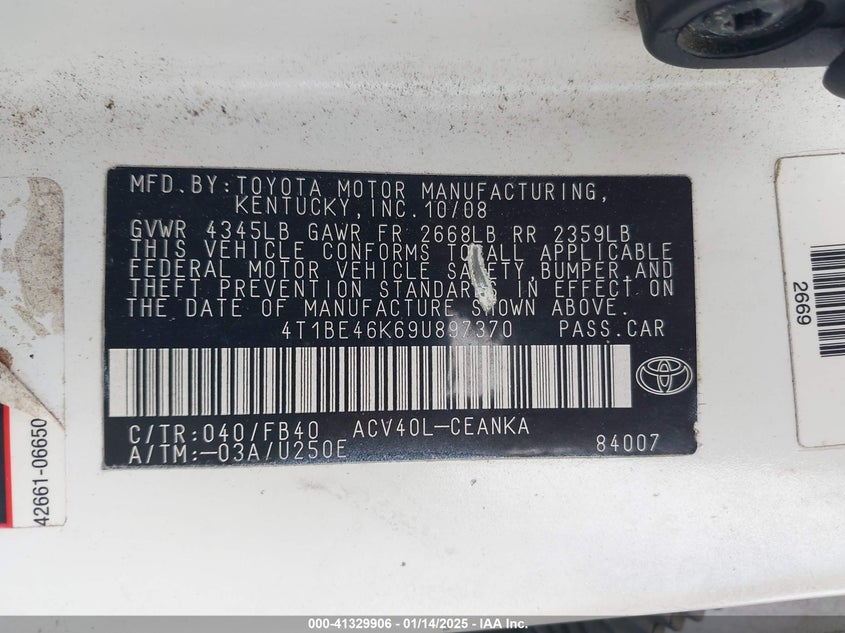 2009 TOYOTA CAMRY VIN: 4T1BE46K69U897370