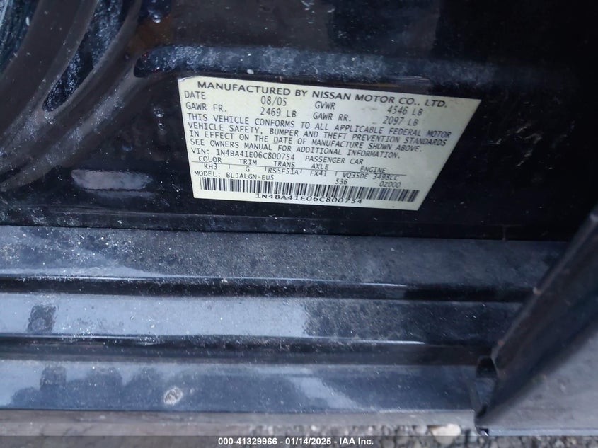 2006 Nissan Maxima 3.5 Sl VIN: 1N4BA41E06C800754 Lot: 41329966