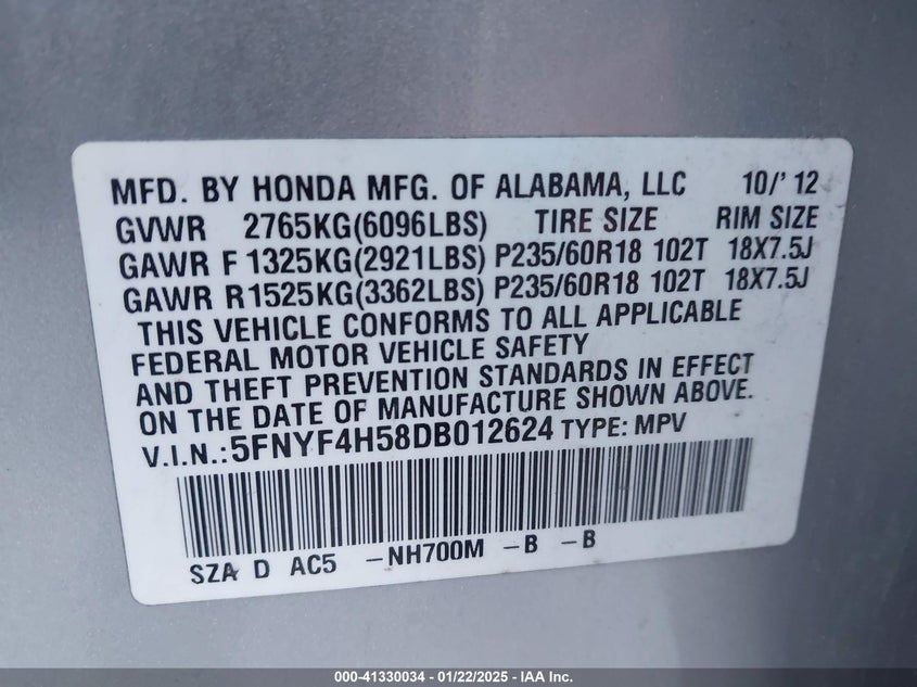 2013 HONDA PILOT EXL - 5FNYF4H58DB012624