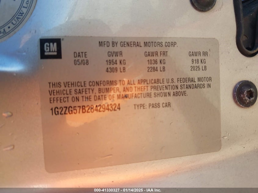 2008 PONTIAC G6 VIN: 1G2ZG57B284294324
