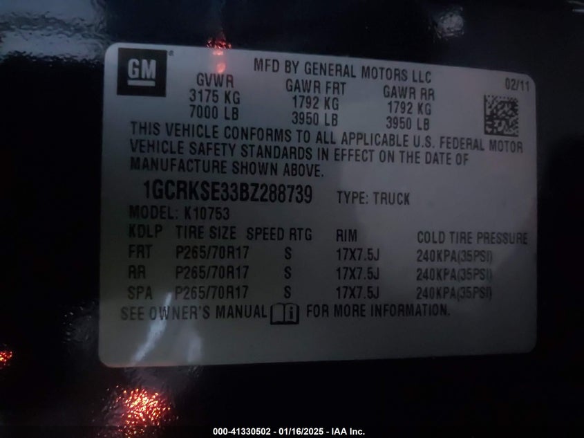 2011 CHEVROLET SILVERADO 1500 VIN: 1GCRKSE33BZ288739