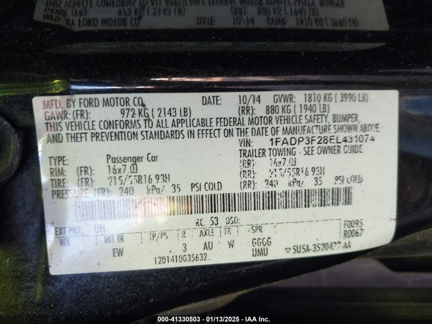 VIN 1FADP3F28EL431074 2014 FORD FOCUS no.9