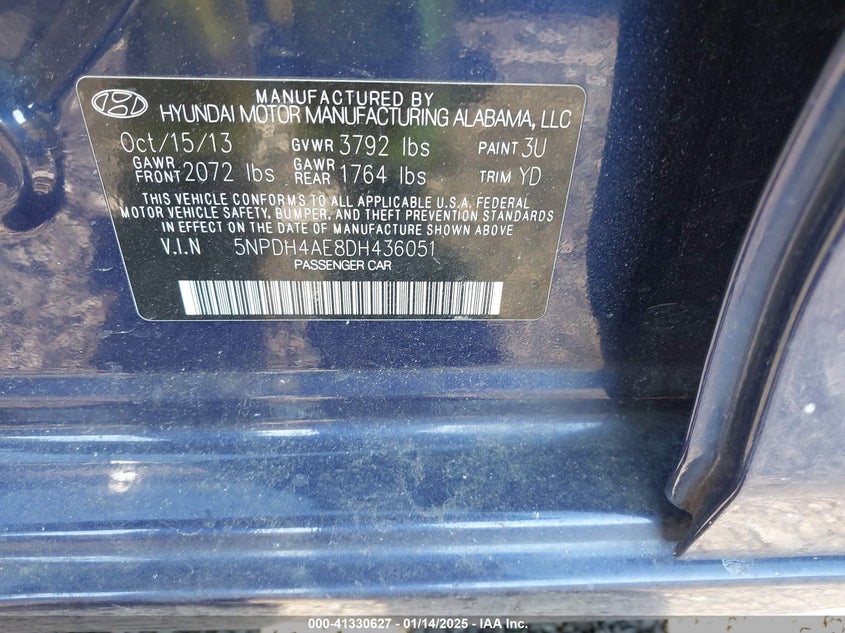 2013 HYUNDAI ELANTRA VIN: 5NPDH4AE8DH436051