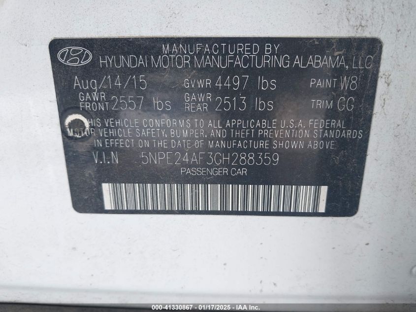 VIN 5NPE24AF3GH288359 2016 HYUNDAI SONATA no.9