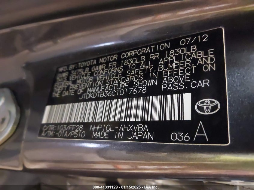 2012 TOYOTA PRIUS C VIN: JTDKDTB36C1017678