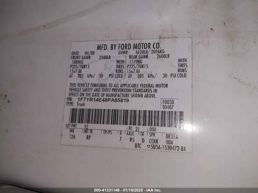 2008 FORD RANGER VIN: 1FTYR14E48PA85819