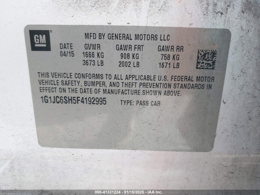 2015 CHEVROLET SONIC LT AUTO - 1G1JC6SH5F4192995