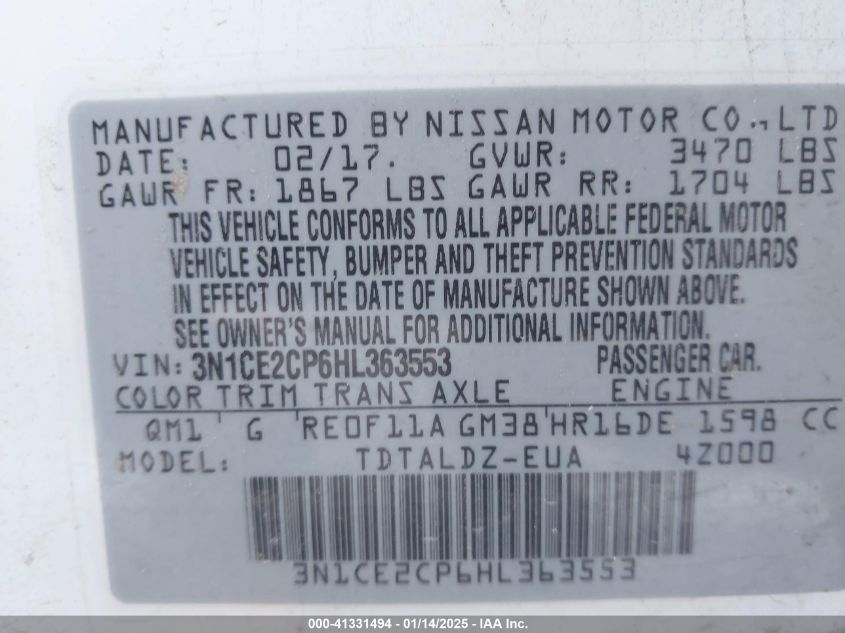 2017 Nissan Versa Note Sv VIN: 3N1CE2CP6HL363553 Lot: 41331494