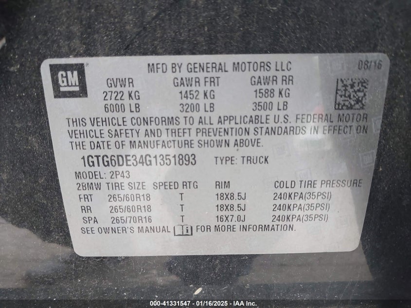 2016 GMC CANYON VIN: 1GTG6DE34G1351893