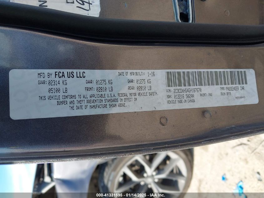 2016 Dodge Charger Sxt VIN: 2C3CDXHG4GH187670 Lot: 41331595